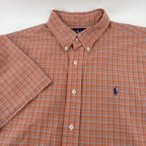 Ralph Lauren Mens Orange Plaid Short Sleeve Button Down Shirt Polo Pony Logo‎ XL